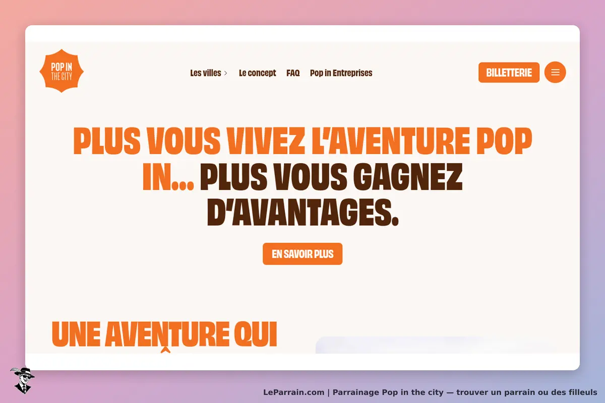 Pop in the city : page d'accueil avec un message sur l'aventure et des avantages à gagner