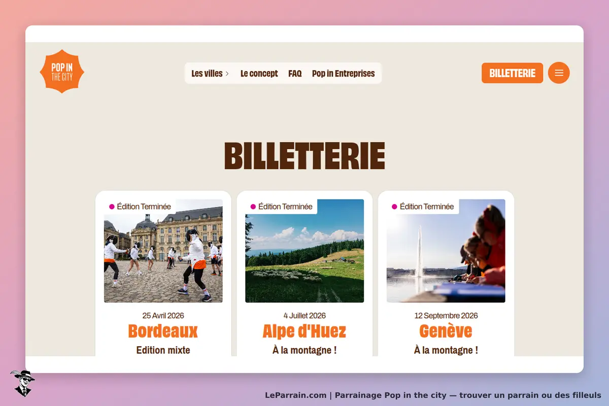 Pop in the city : page de billetterie avec trois événements terminés et leurs images respectives