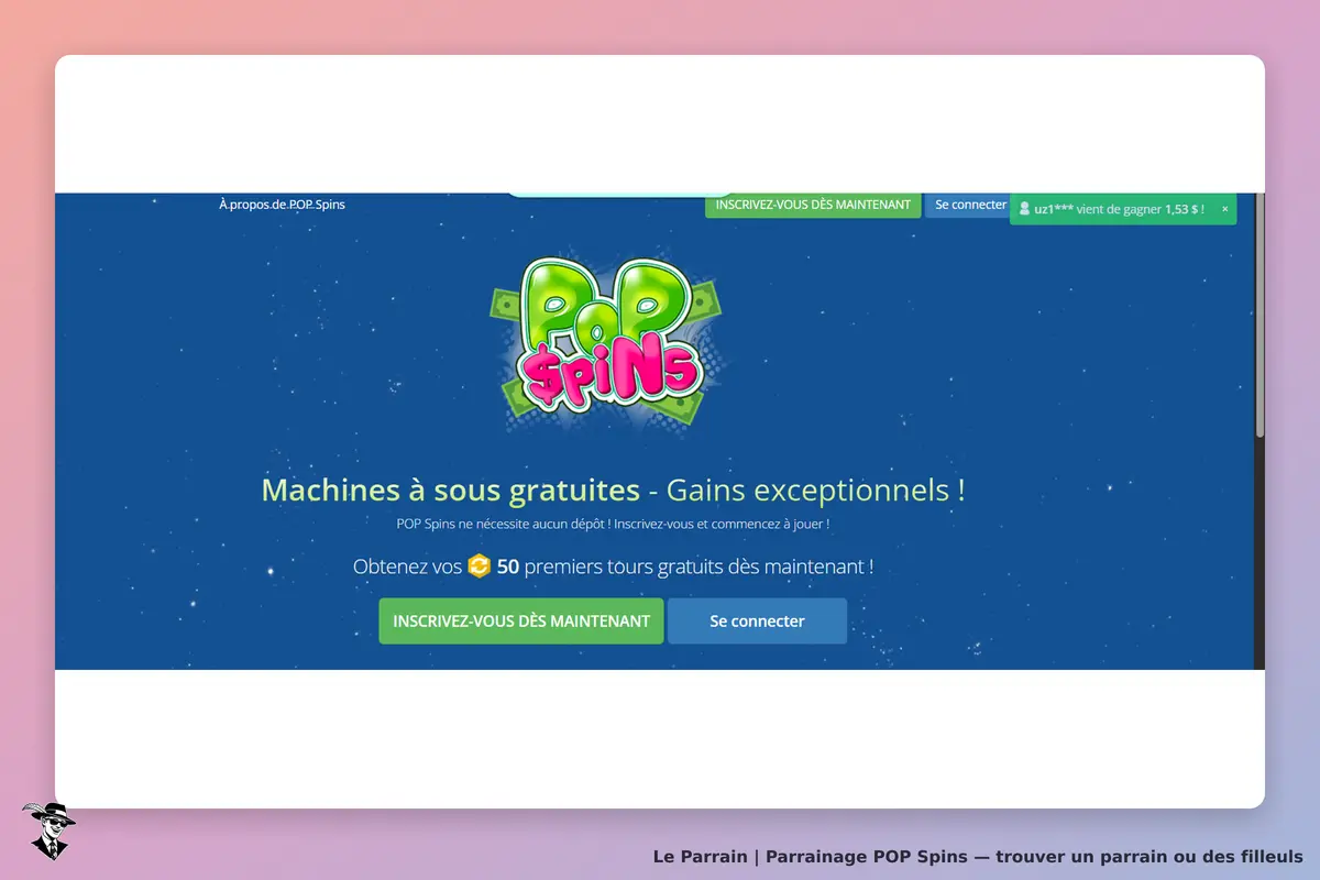 POP Spins : page d'accueil avec logo, slogan et boutons d'inscription et de connexion