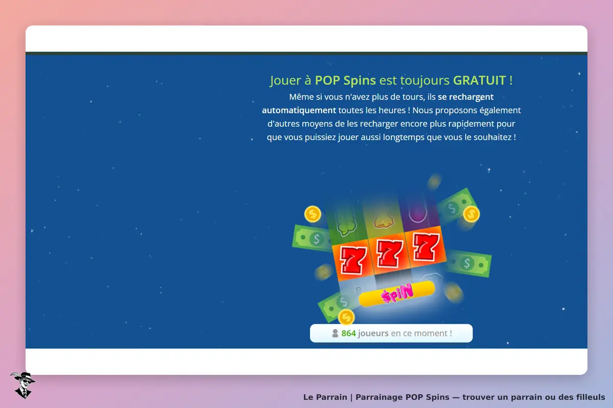POP Spins : page d'accueil avec un jeu de machine à sous et un compteur de joueurs en ligne