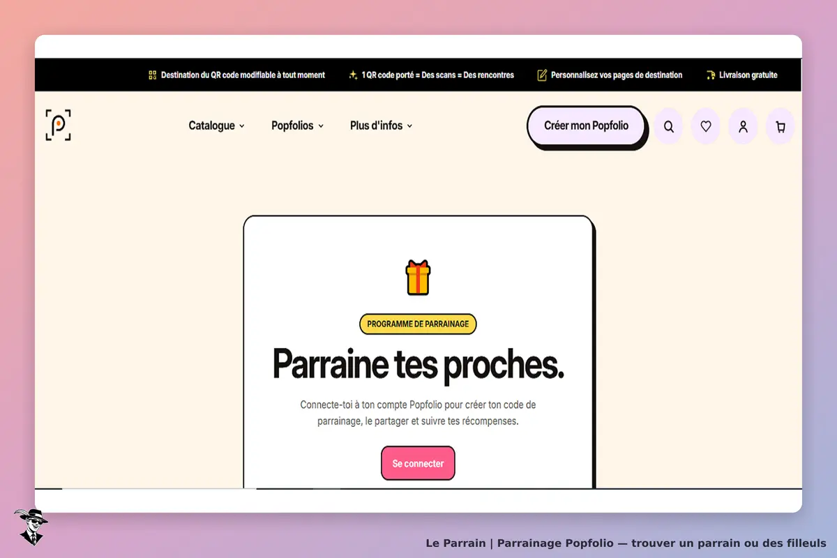 Popfolio : page d'accueil avec invitation à parrainer et bouton de connexion