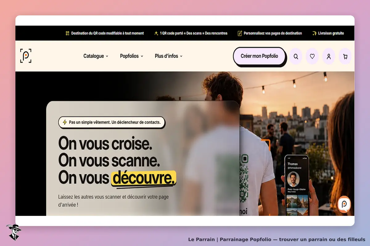 Popfolio : page d'accueil avec un message sur le partage de contacts et un QR code
