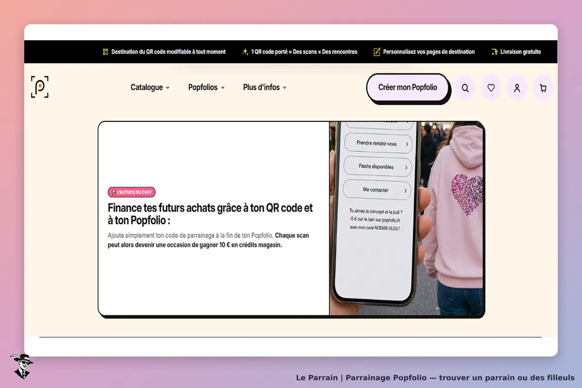 Popfolio : page d'accueil avec un smartphone affichant des options et un texte explicatif