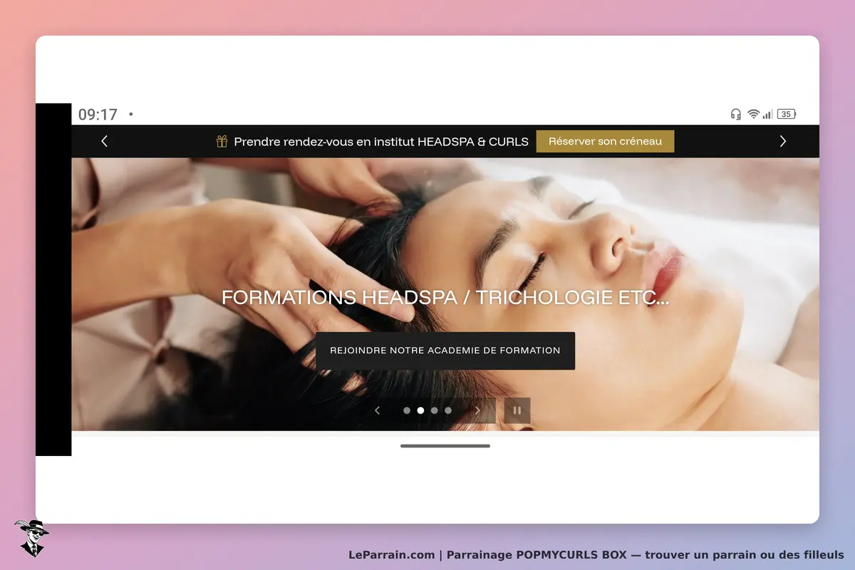 POPMYCURLS BOX : page d'accueil présentant une formation en headspa avec une femme en soin