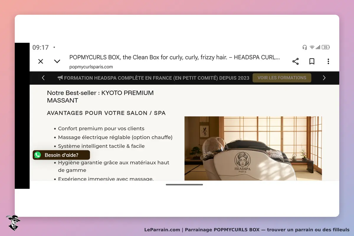POPMYCURLS BOX : page présentant le Kyoto Premium Massant et ses avantages pour salons/spas