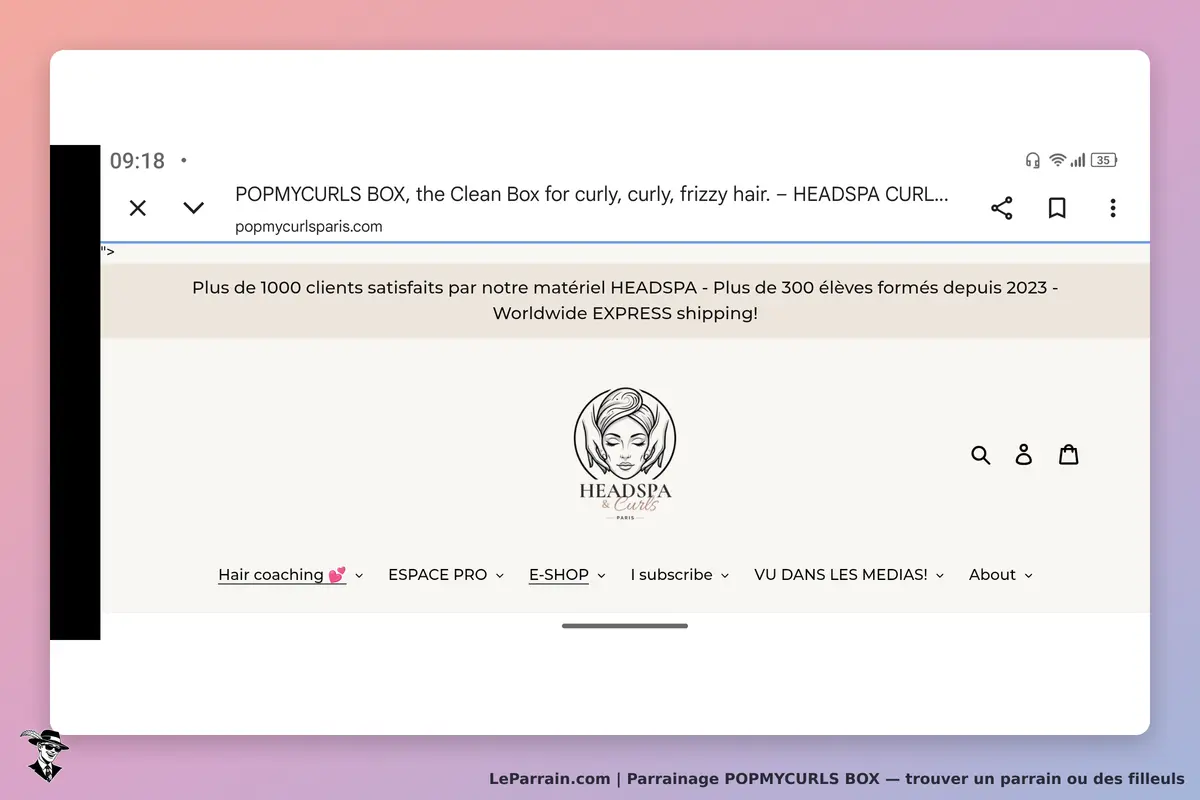 POPMYCURLS BOX : page d'accueil présentant le logo HEADSPA et des liens vers divers espaces