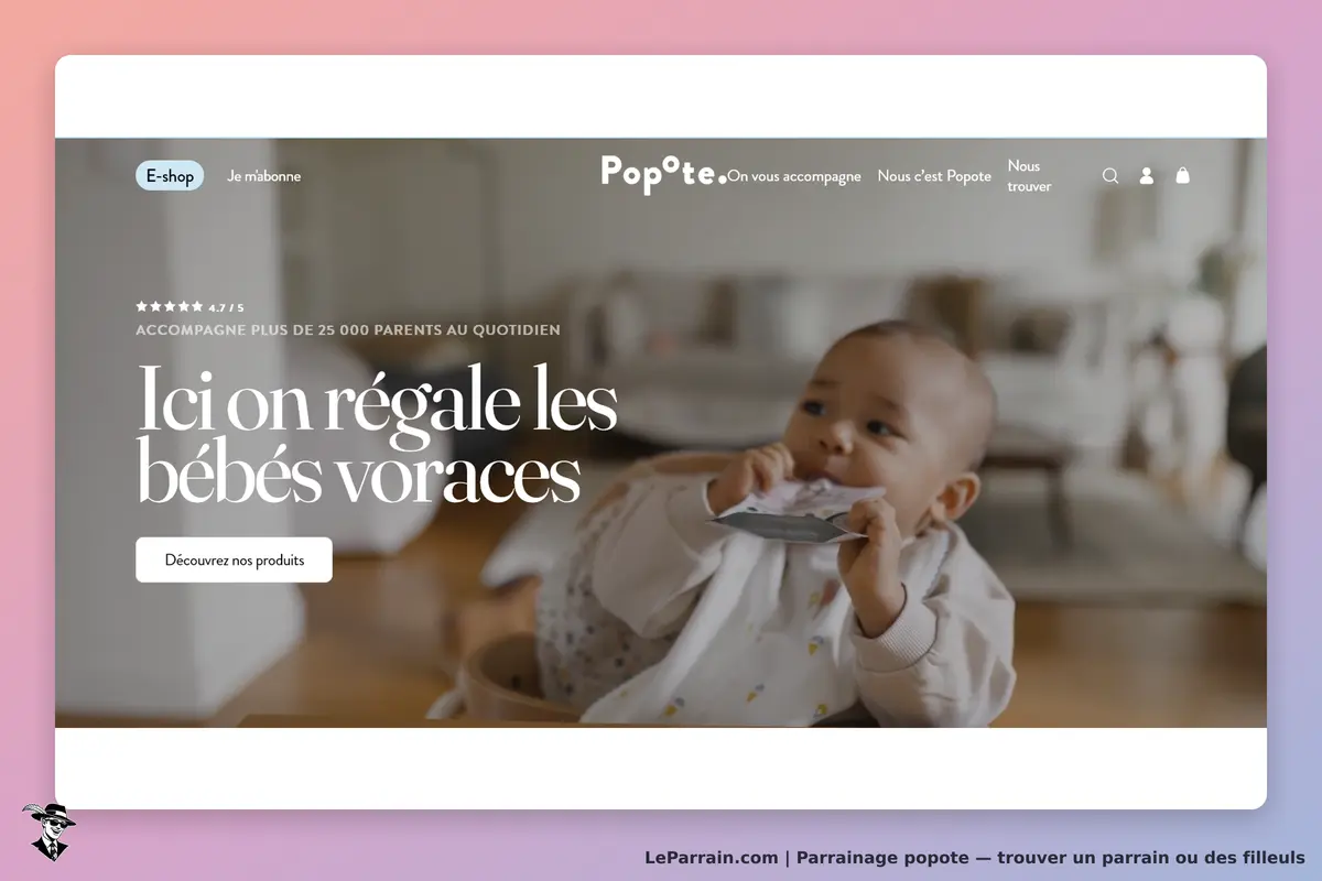 Popote : page d'accueil avec un bébé jouant, texte sur les bébés voraces et évaluation