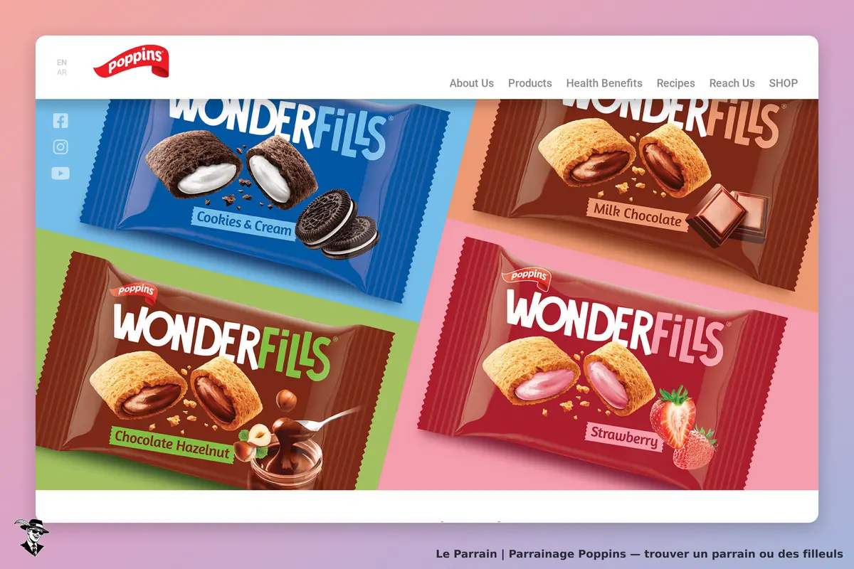 Poppins : page d'accueil affichant plusieurs emballages de produits Wonderfills