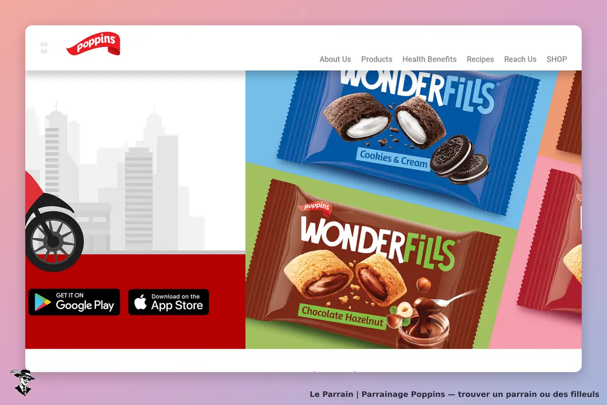 Poppins : page d'accueil avec des emballages de biscuits Wonderfills et options de téléchargement