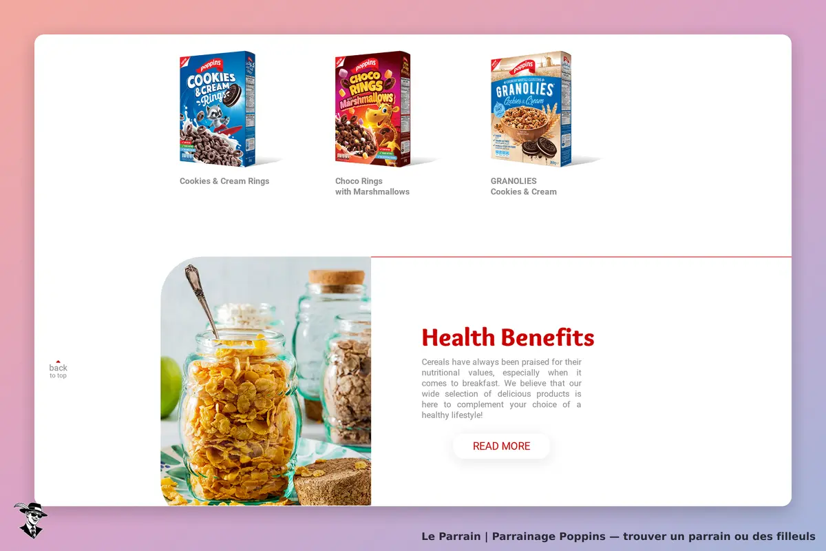 Poppins : affichage de produits céréaliers et section sur les bienfaits pour la santé