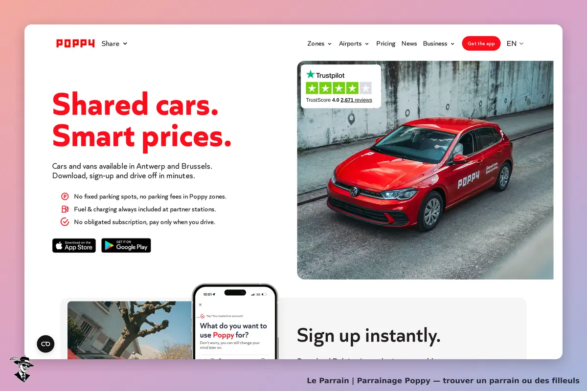 Poppy : page d'accueil avec voiture rouge, options de téléchargement et inscription visible