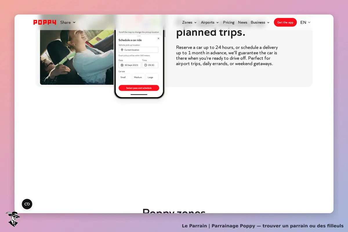 Poppy : page d'accueil avec formulaire de réservation et image de passagers dans une voiture