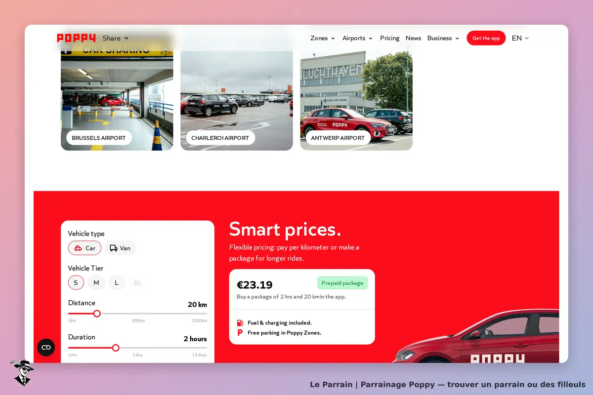 Poppy : page d'accueil avec options de véhicules et informations sur le service de partage