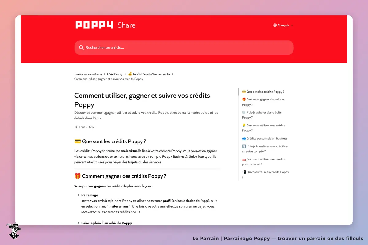 Poppy : page d'accueil avec FAQ sur l'utilisation des crédits Poppy et options de parrainage
