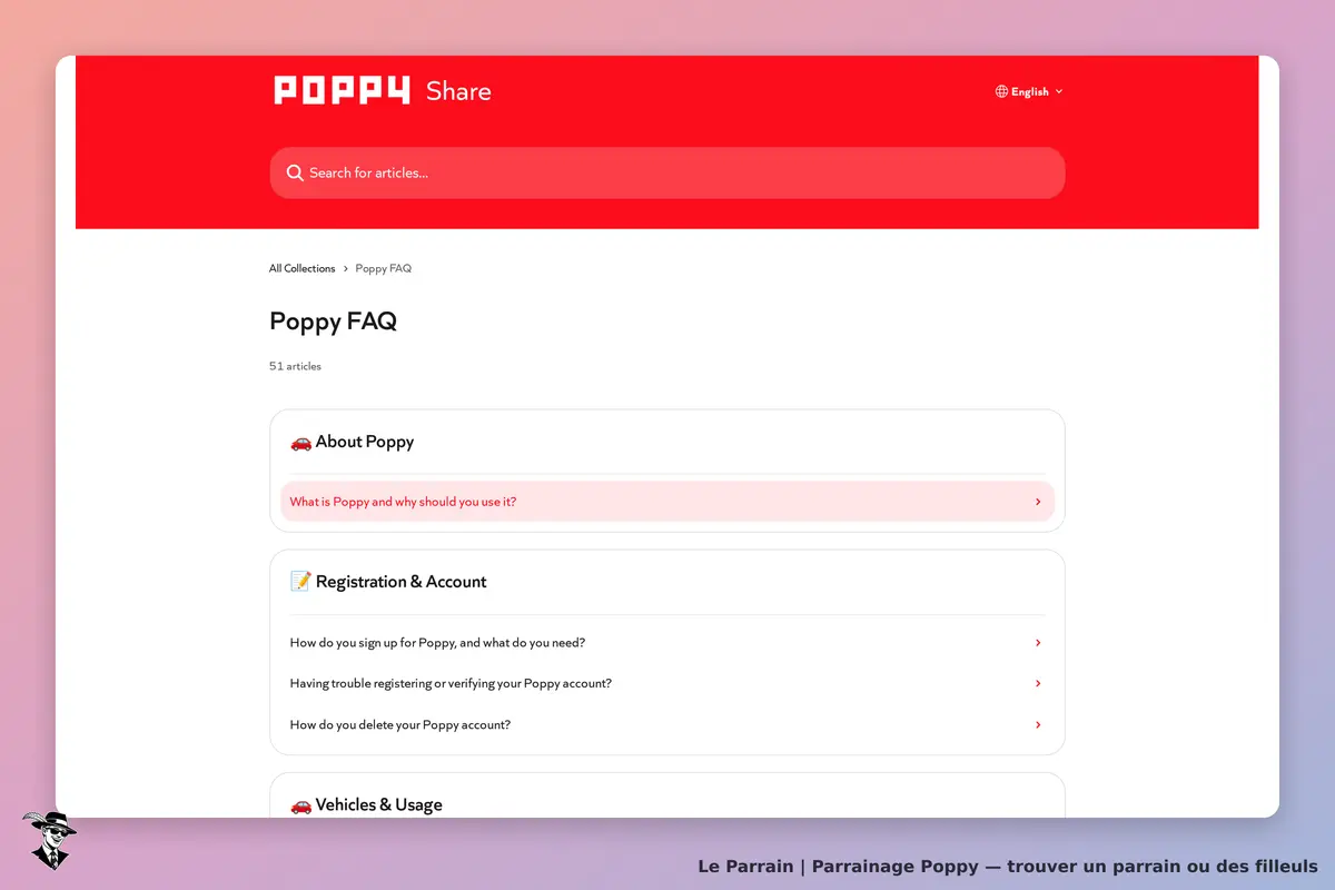 Poppy : page FAQ avec des questions sur l'inscription et l'utilisation des services