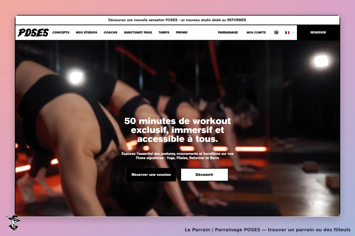 POSES : page d'accueil avec des participants en séance de workout dans un studio