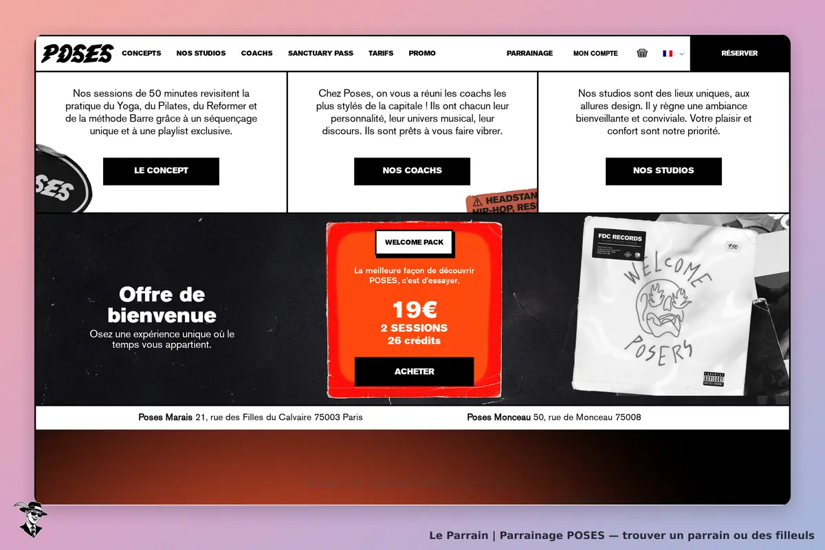 POSES : page d'accueil avec un message de bienvenue et des informations sur les cours proposés