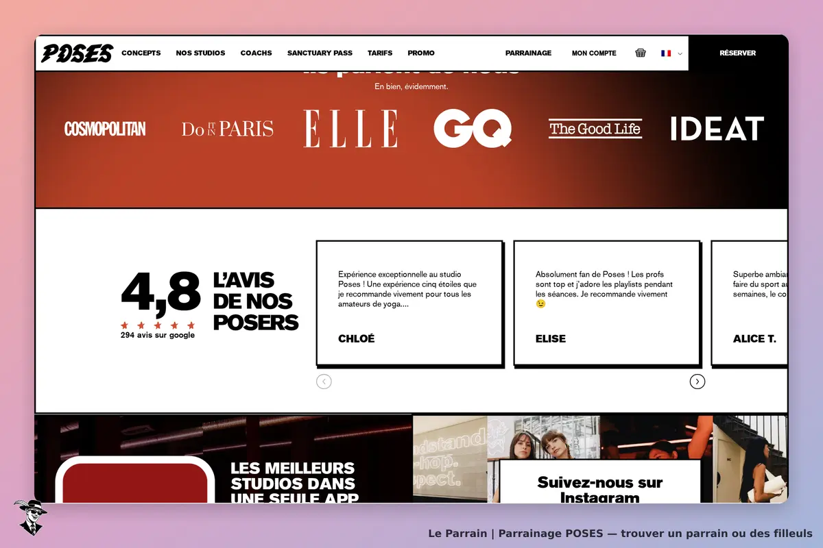 POSES : avis des utilisateurs, notes, témoignages et logos de médias sur la page d'accueil