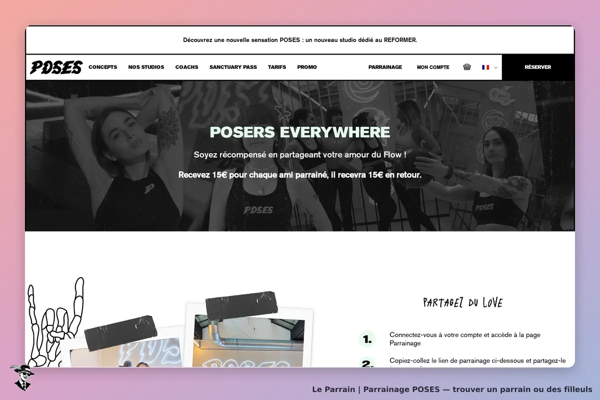 POSES : page d'accueil avec des images de personnes s'entraînant et informations sur le parrainage