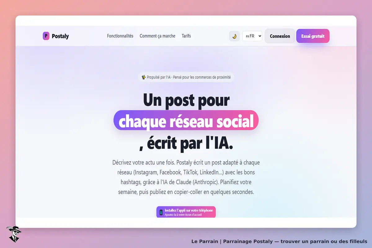 Postaly : page d'accueil avec un slogan sur la création de posts pour réseaux sociaux