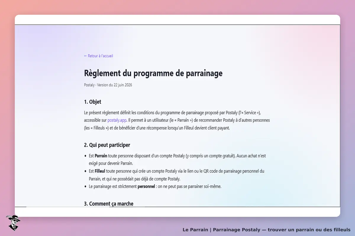 Postaly : règlement du programme de parrainage avec conditions et modalités de participation