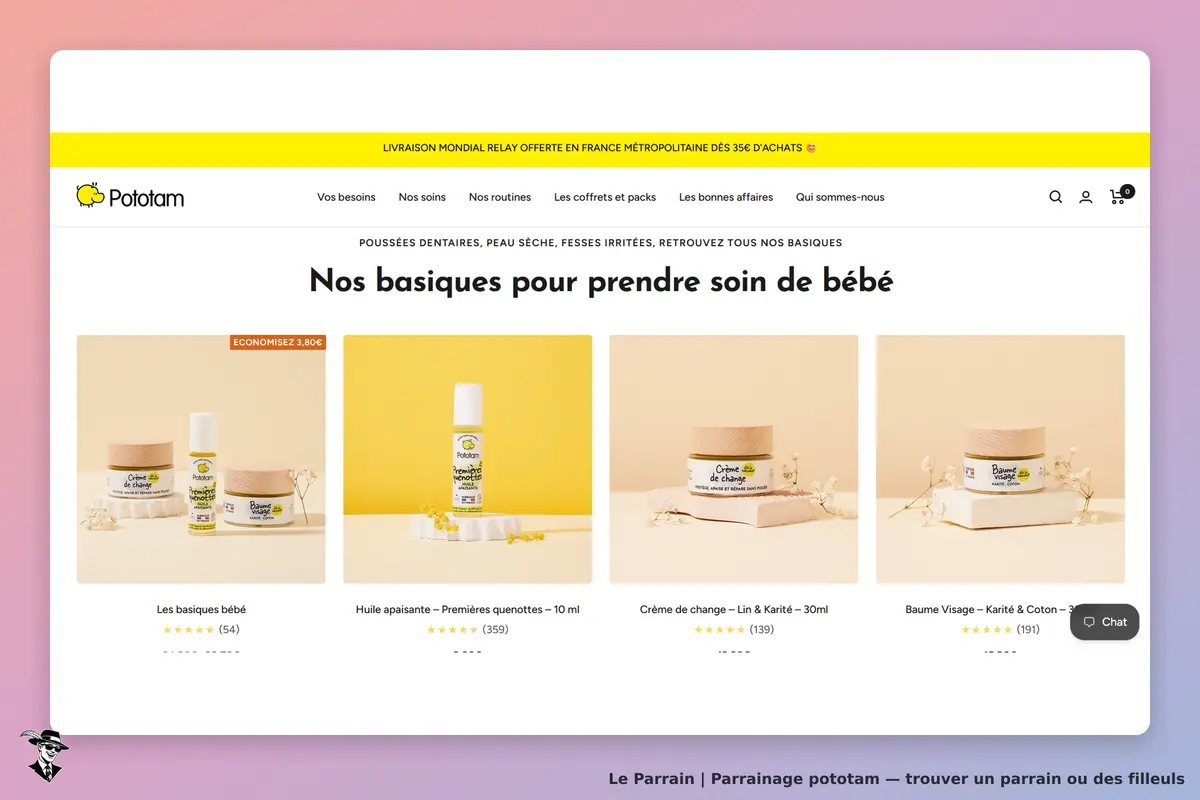 Pototam : page d'accueil présentant des produits pour le soin de bébé sur fond clair