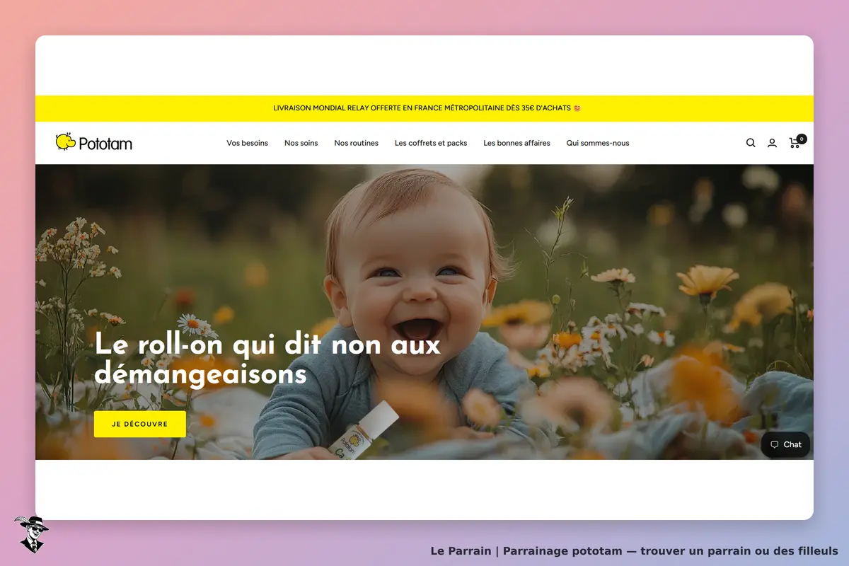 Pototam : un bébé souriant tient un roll-on parmi des fleurs sur la page d'accueil