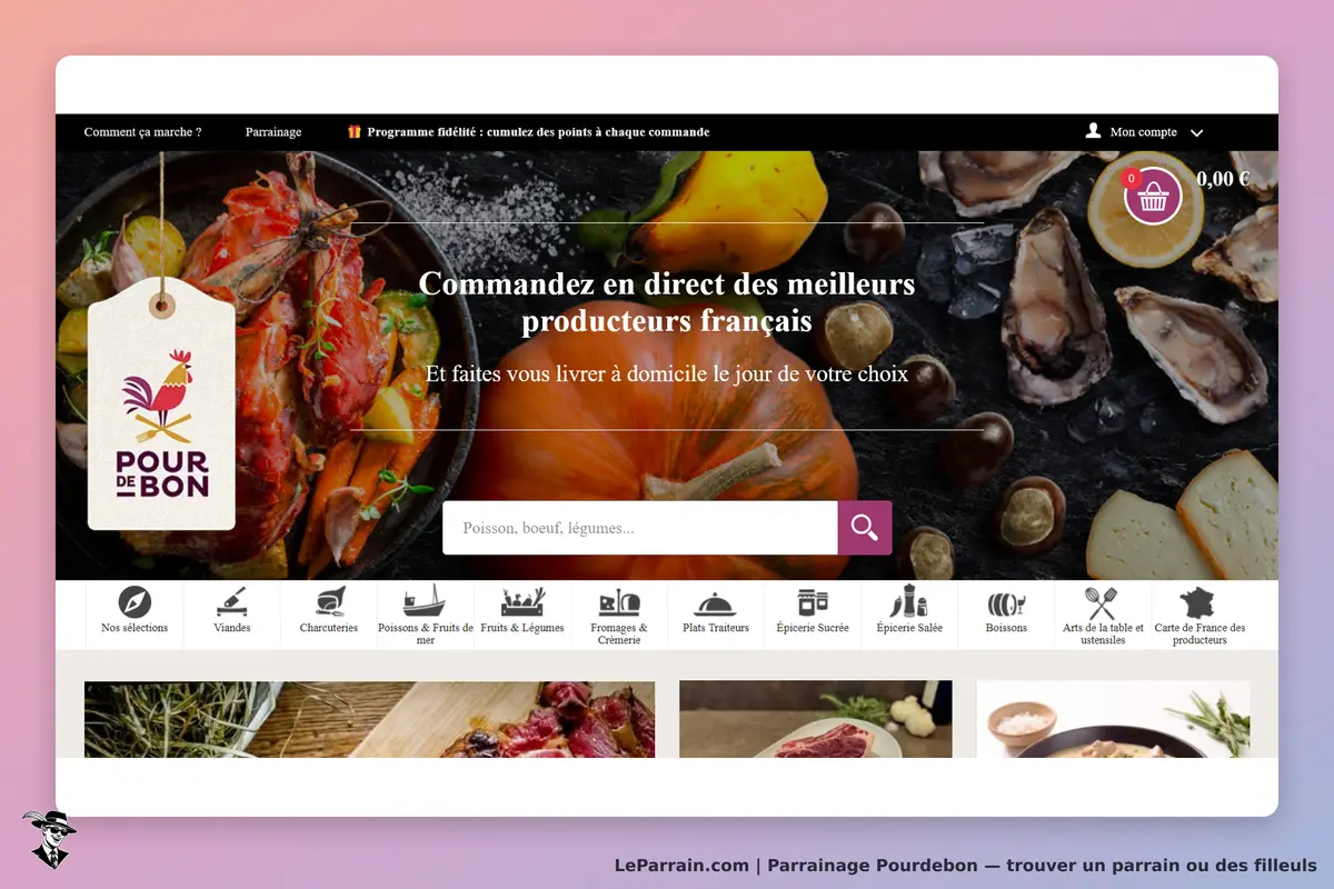 Pourdebon : page d'accueil avec produits frais, recherche et catégories de produits affichées