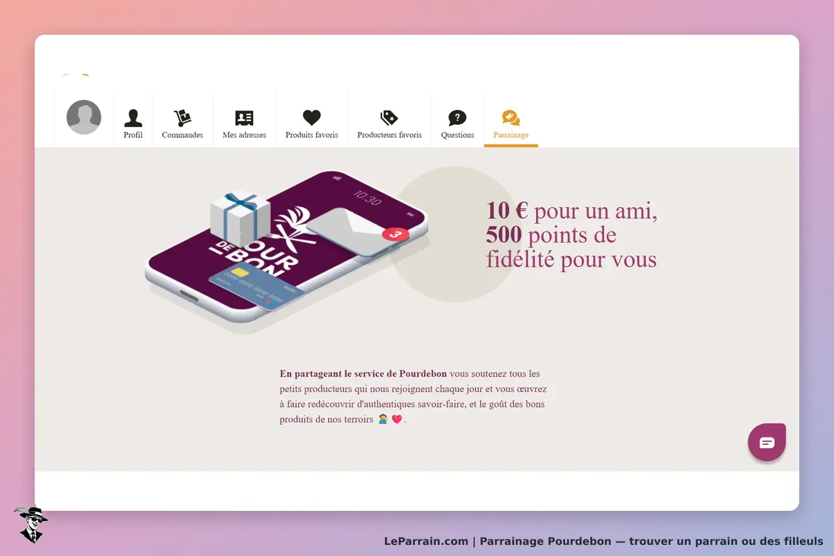 Pourdebon : page de parrainage avec un téléphone affichant le logo et une boîte cadeau