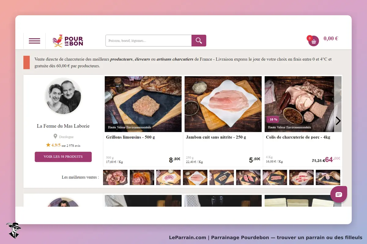 Pourdebon : page d'accueil avec produits de charcuterie et avis sur un producteur