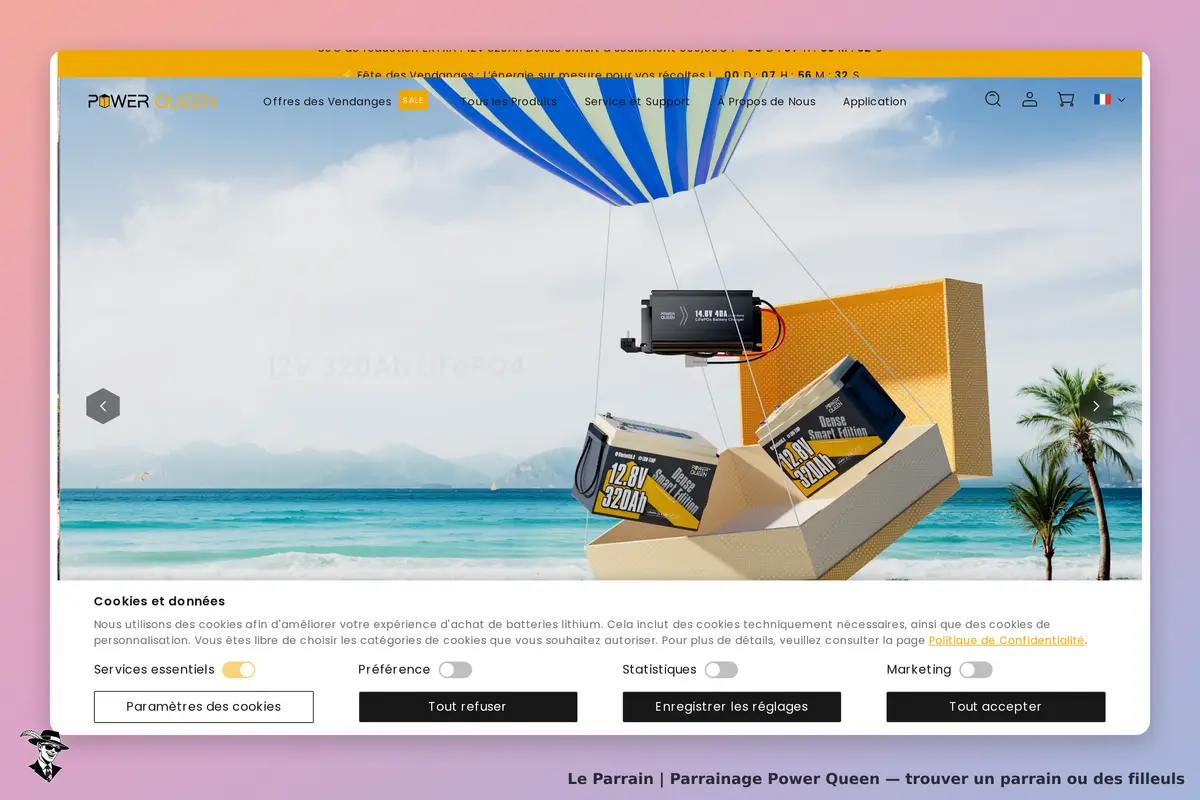 Power Queen : page d'accueil avec batteries suspendues en bord de mer et options de cookies