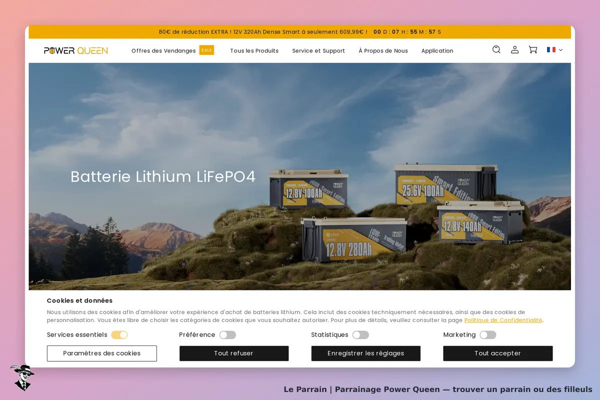Power Queen : batteries lithium affichées sur un fond naturel avec un message sur les cookies