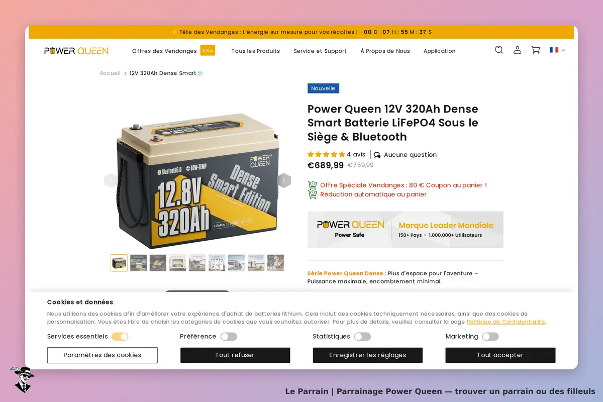 Power Queen : batterie LiFePO4 12V 320Ah affichée avec description et avis clients