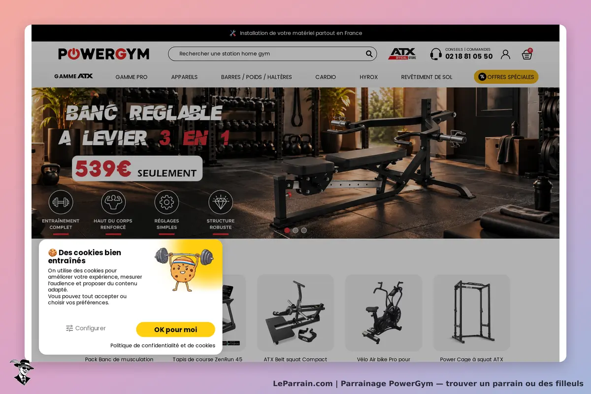PowerGym : page d'accueil présentant un banc de musculation et divers équipements de fitness