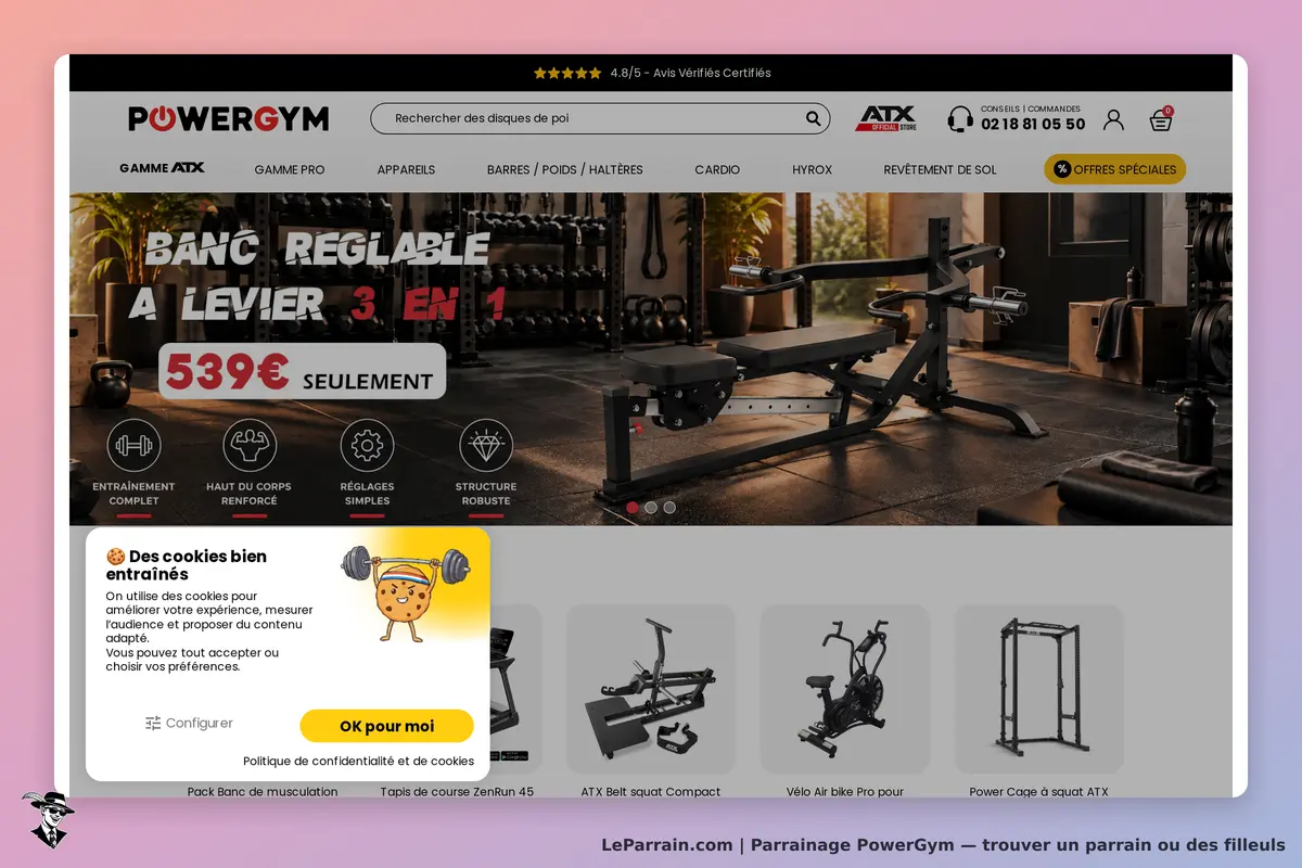 PowerGym : page d'accueil présentant un banc de musculation et divers équipements de fitness