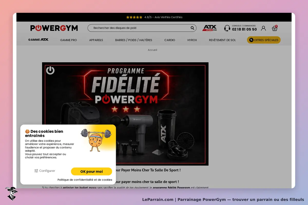 PowerGym : page d'accueil avec un programme de fidélité et divers équipements de sport affichés