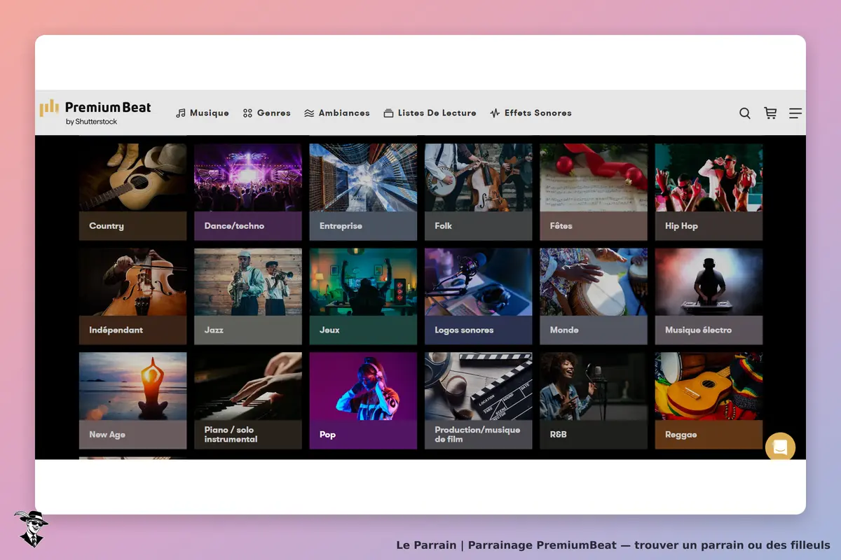 PremiumBeat : page d'accueil avec catégories musicales et visuels d'illustration des genres