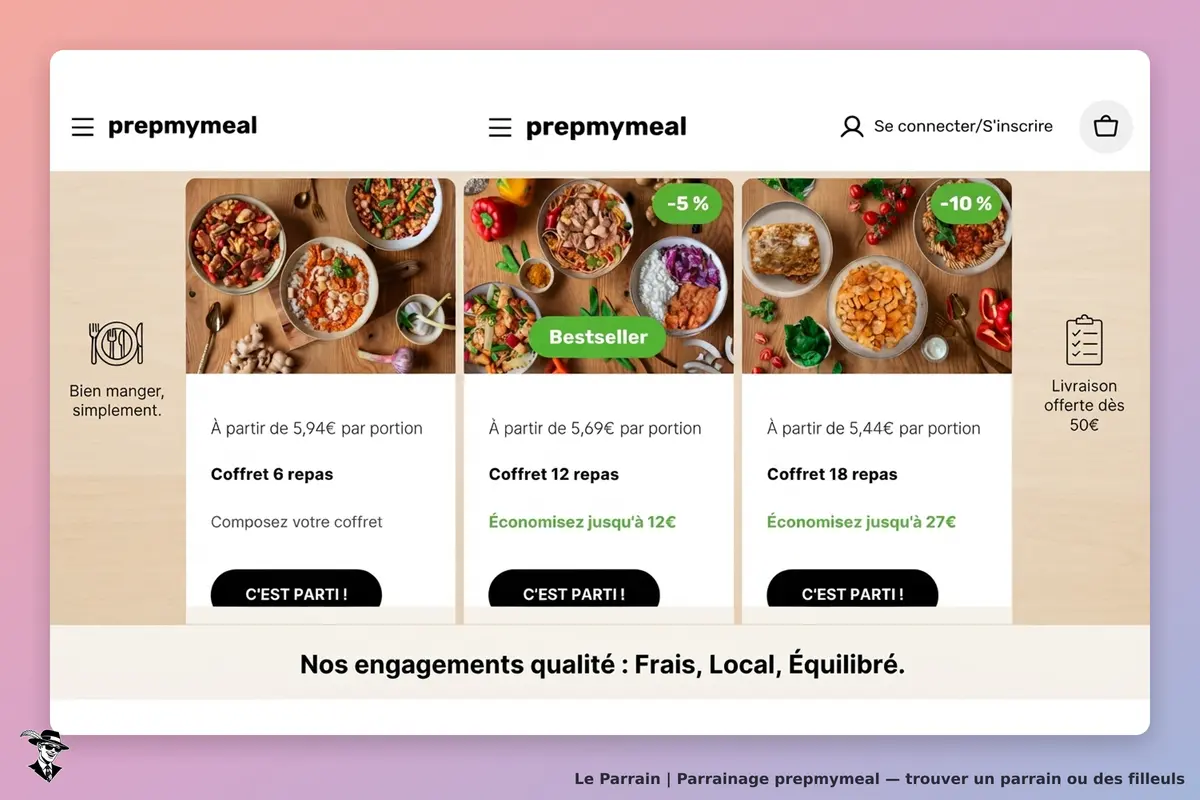 prepmymeal : page d'accueil avec trois coffrets de repas et un slogan sur la qualité alimentaire