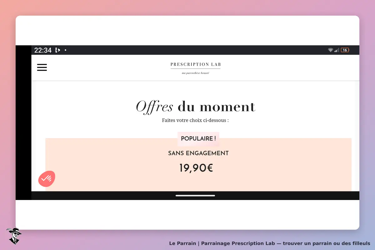 Prescription Lab : page d'accueil avec offres du moment et mention "sans engagement"