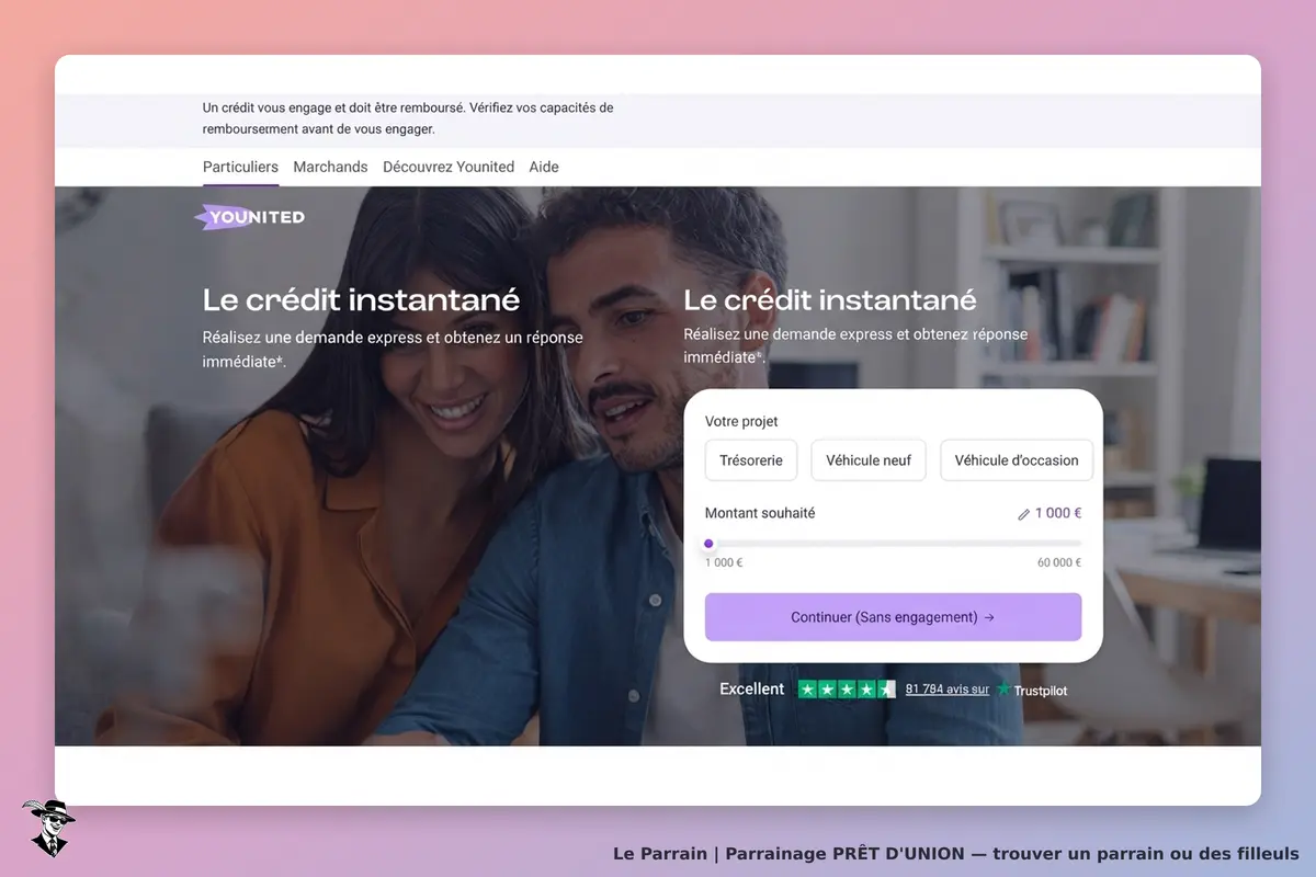 PRÊT D'UNION : page d'accueil avec formulaire de demande de crédit et couple souriant