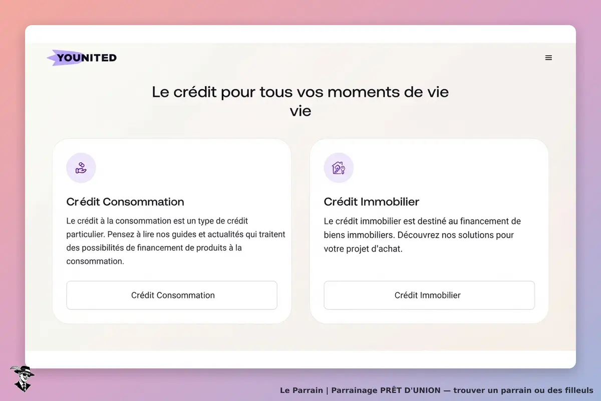 PRÊT D'UNION : yOUNITED : page d'accueil présentant le crédit à la consommation et le crédit