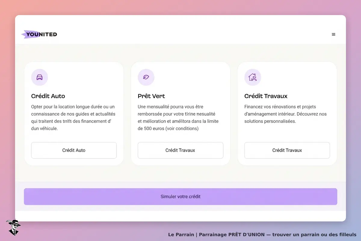 PRÊT D'UNION : yOUNITED : page d'accueil avec trois options de crédit et un bouton pour simuler un