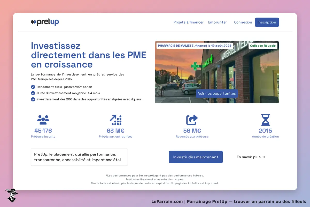 PretUp : page d'accueil avec informations sur le prêt aux PME et opportunités d'investissement