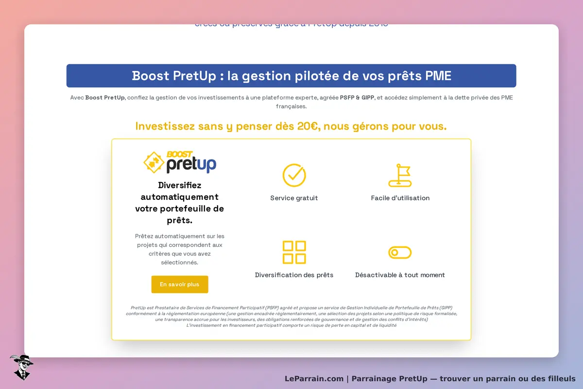 PretUp : page d'accueil présentant Boost PretUp et ses services de gestion de prêts PME