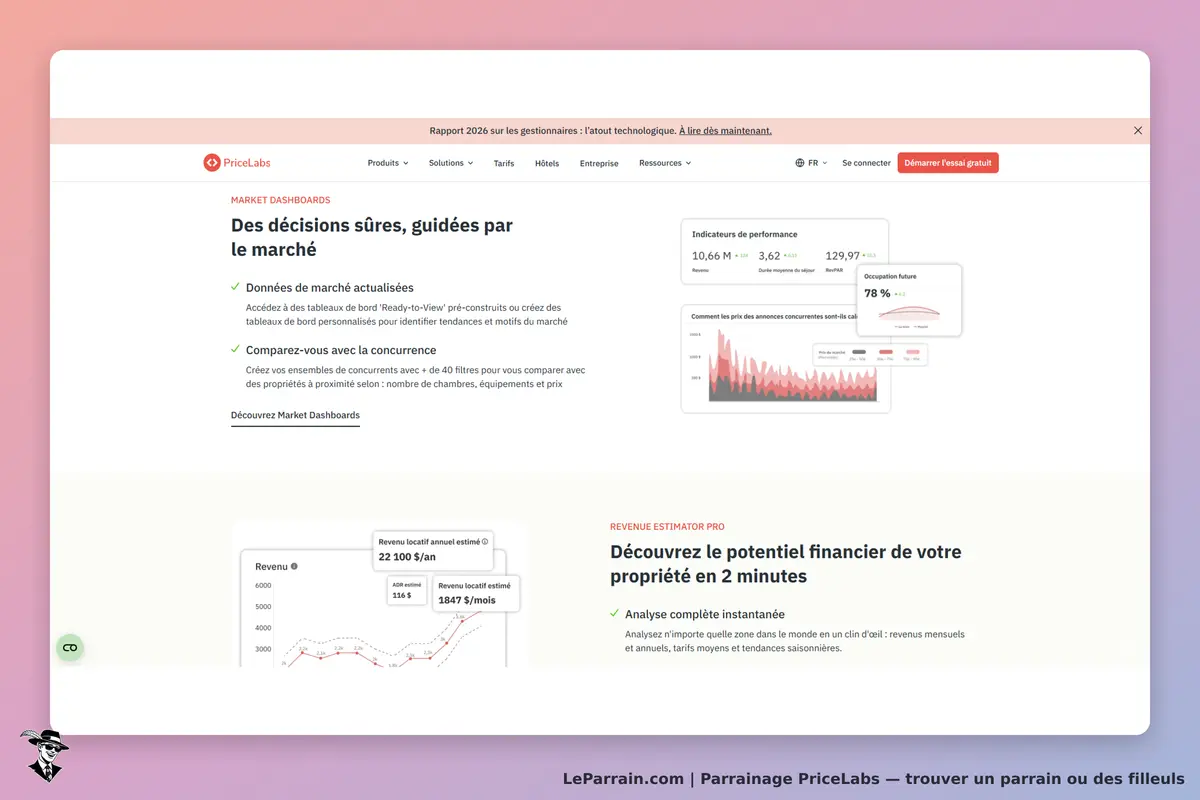 PriceLabs : tableau de bord avec indicateurs de performance et estimation de revenus locatifs