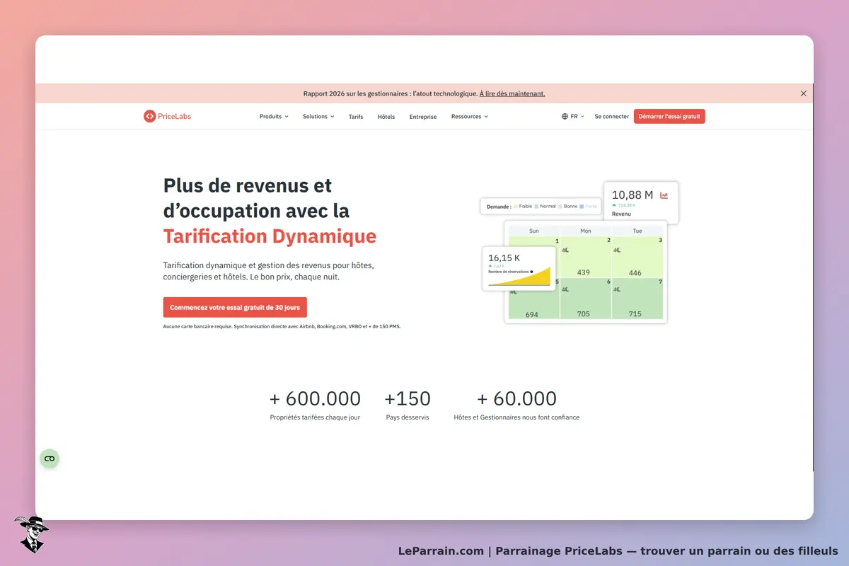PriceLabs : page d'accueil présentant la tarification dynamique et des statistiques de revenus
