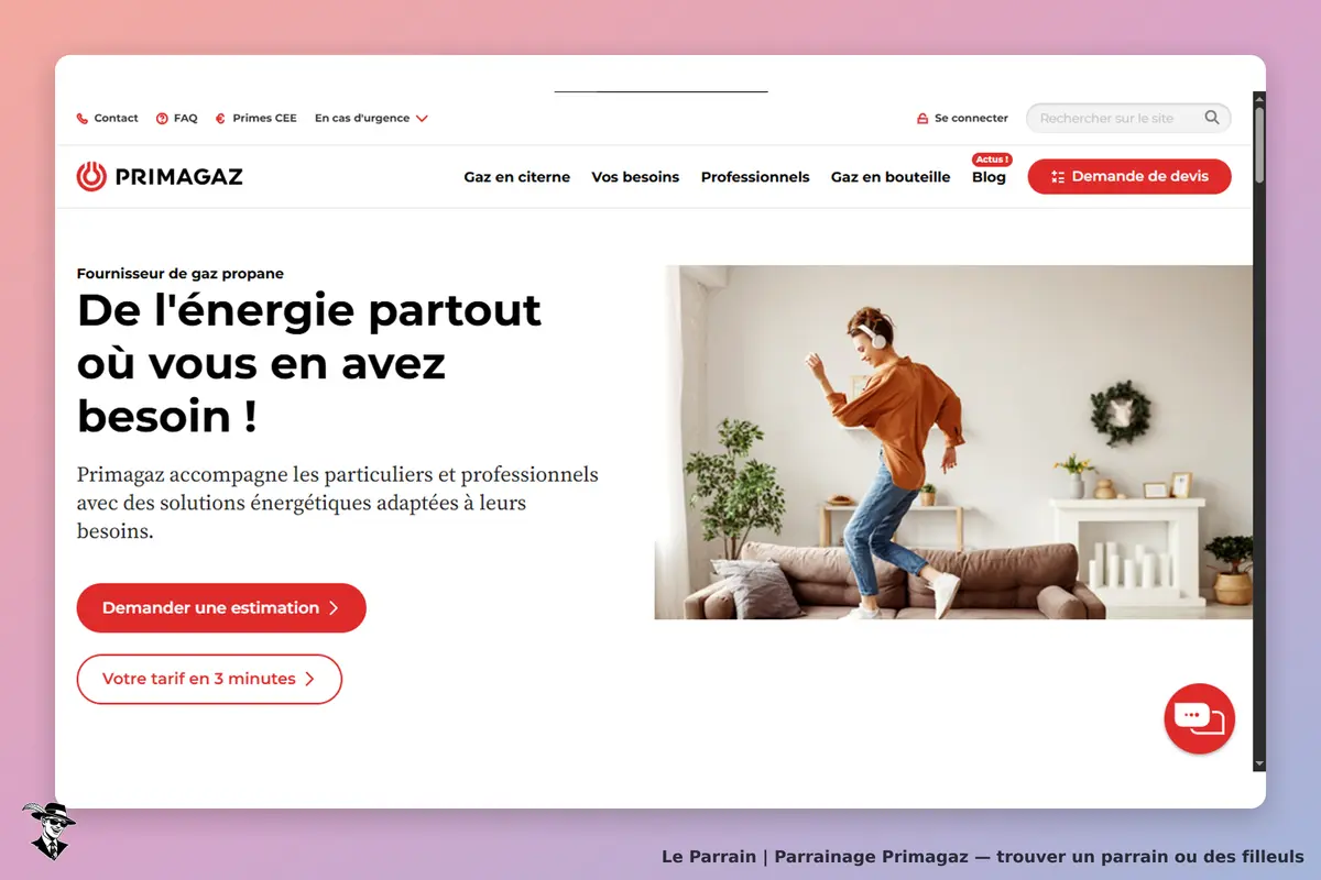 Primagaz : page d'accueil avec un message sur l'énergie et une femme dansante dans un salon