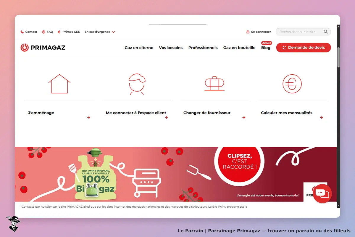 Primagaz : page d'accueil avec options pour emménager, se connecter et changer de fournisseur