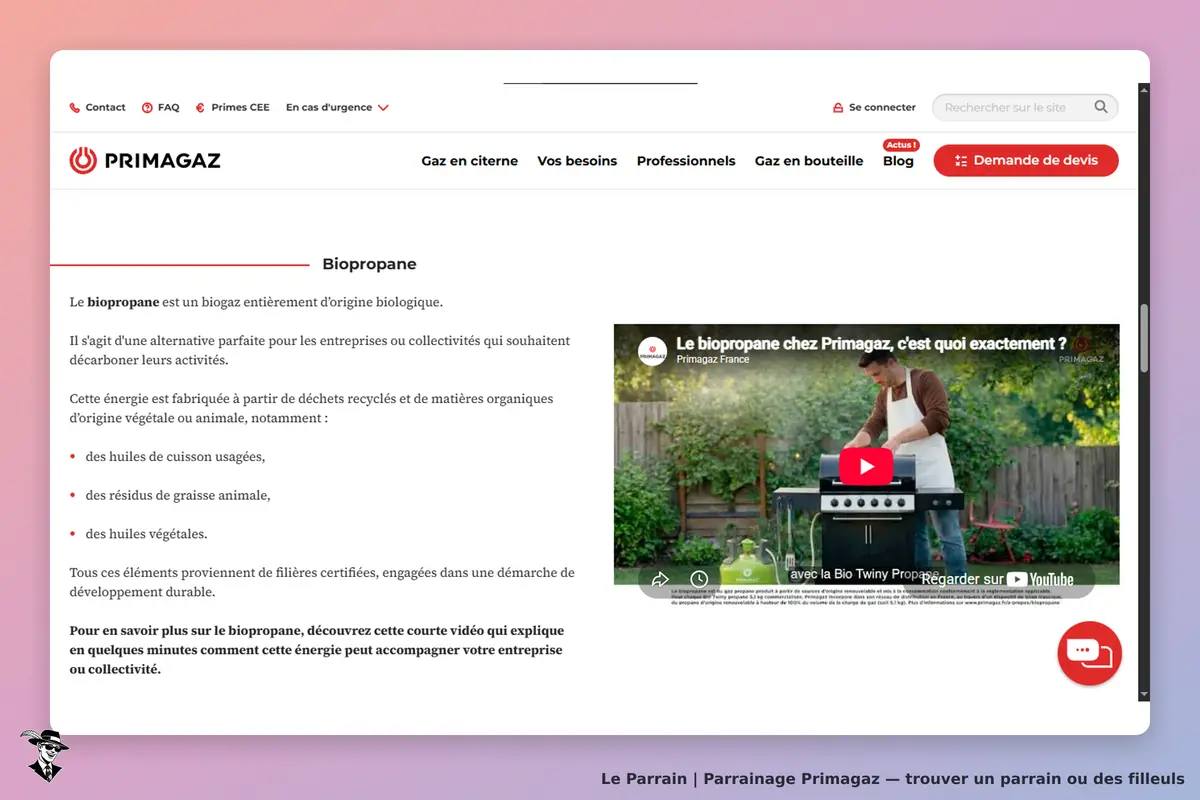 Primagaz : page sur le biopropane avec vidéo explicative et liste d'ingrédients recyclés