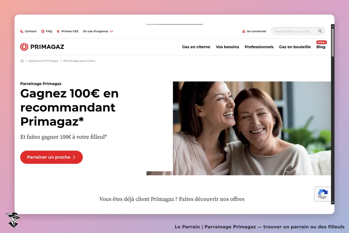 Primagaz : page d'accueil avec deux femmes souriantes et un bouton pour parrainer un proche